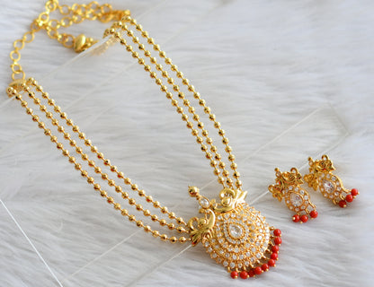 Gold tone coral beads cz white multi layer necklace set dj-44450