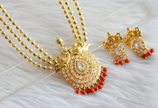 Gold tone coral beads cz white multi layer necklace set dj-44450