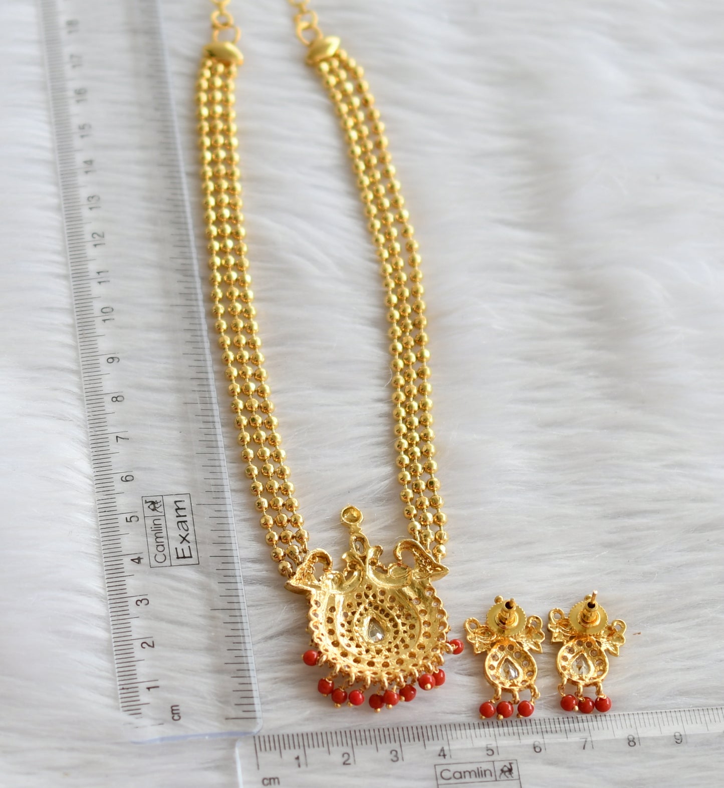 Gold tone coral beads cz white multi layer necklace set dj-44450