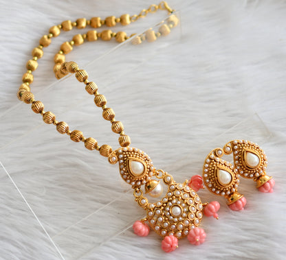 Antique gold tone pearl-baby pink pumpkin beaded mango necklace set dj-44457