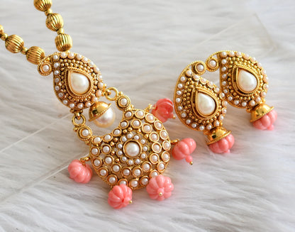 Antique gold tone pearl-baby pink pumpkin beaded mango necklace set dj-44457
