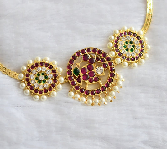 Gold tone semi precious kemp-green-white pearl peacock round necklace dj-46274