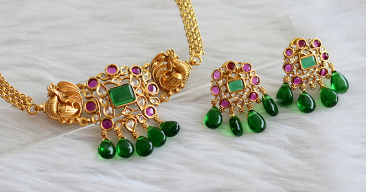 Matte finish kemp-green-white green beaded peacock choker necklace set dj-44452
