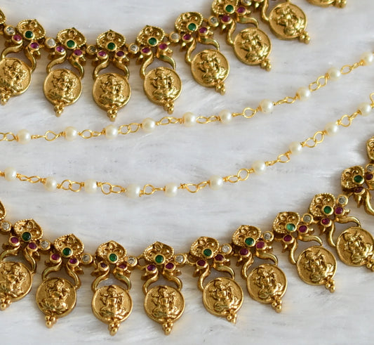 Matte finish ruby-green-white pearl lakshmi coin layered ear side chain dj-49804