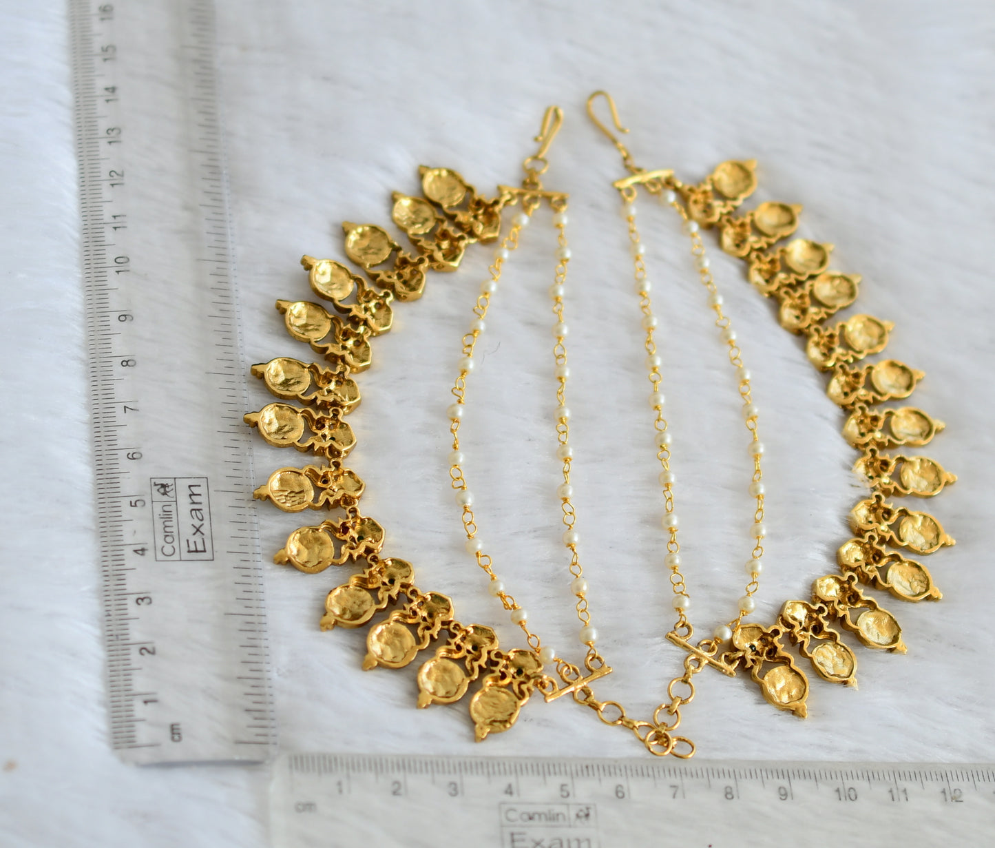 Matte finish ruby-green-white pearl lakshmi coin layered ear side chain dj-49804