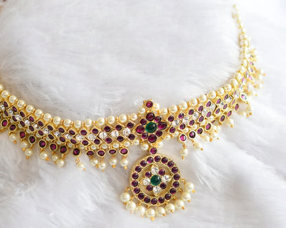 Gold tone semi precious kemp-green-white pearl choker necklace set dj-46275