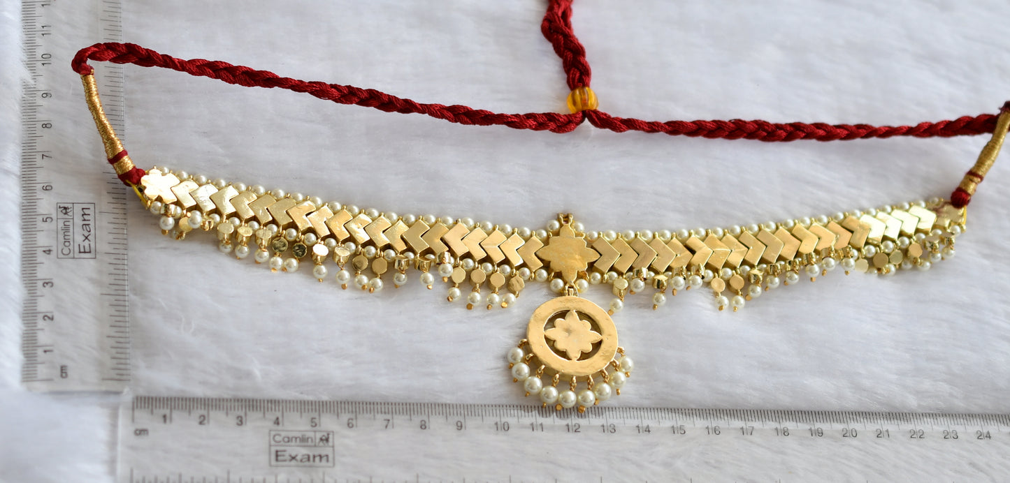 Gold tone semi precious kemp-green-white pearl choker necklace dj-46275