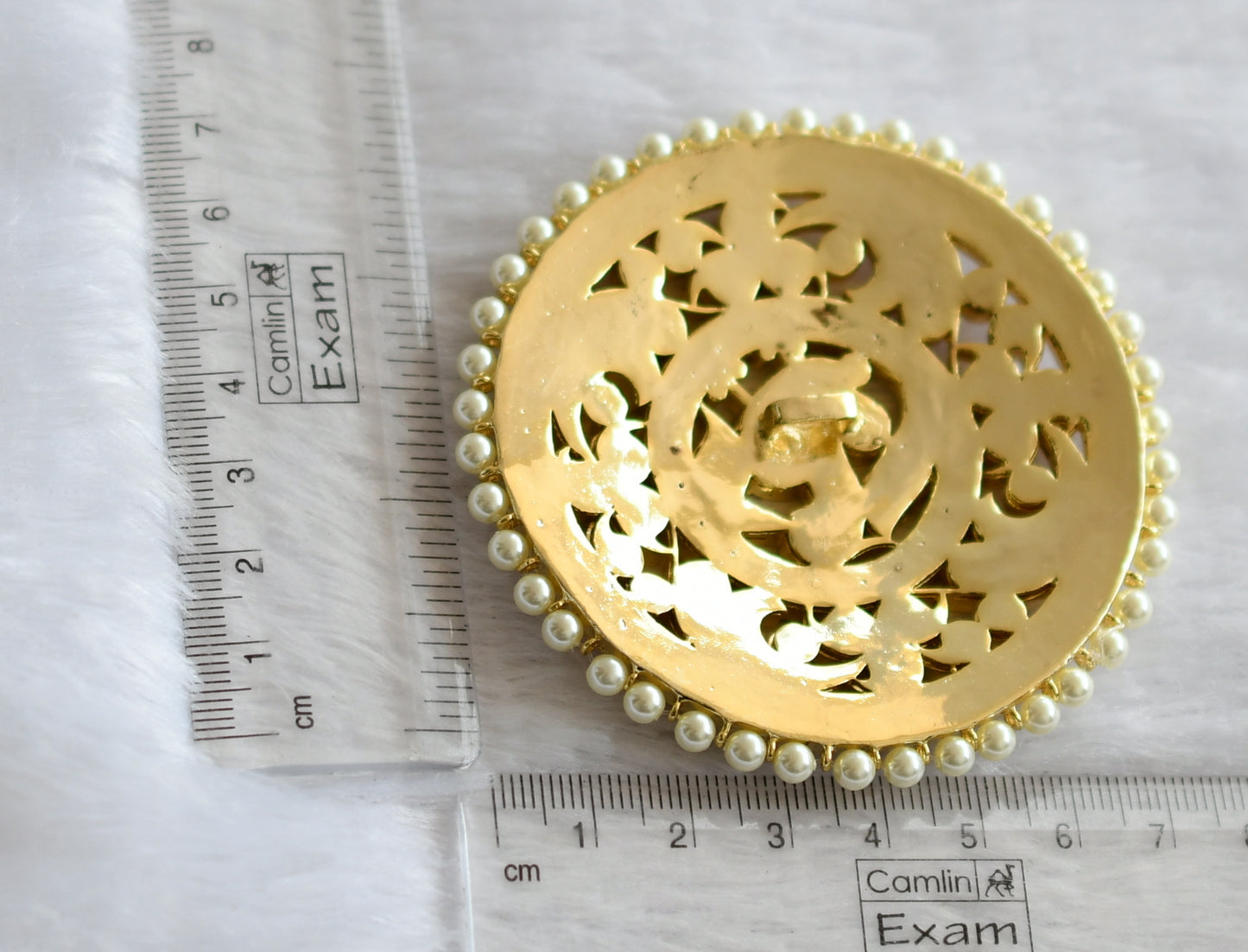 Gold tone semi precious kemp-green-white pearl round peacock hair jewel(rakodi) dj-46271