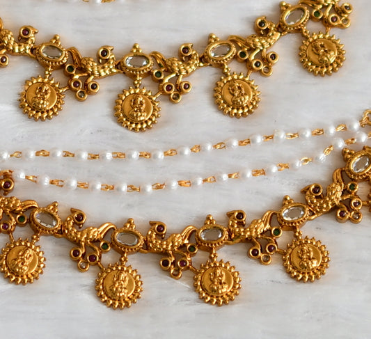 Antique gold tone kemp-green-white pearl lakshmi coin layered ear side chain dj-49805