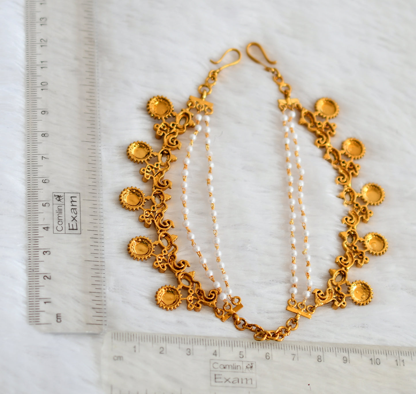 Antique gold tone kemp-green-white pearl lakshmi coin layered ear side chain dj-49805