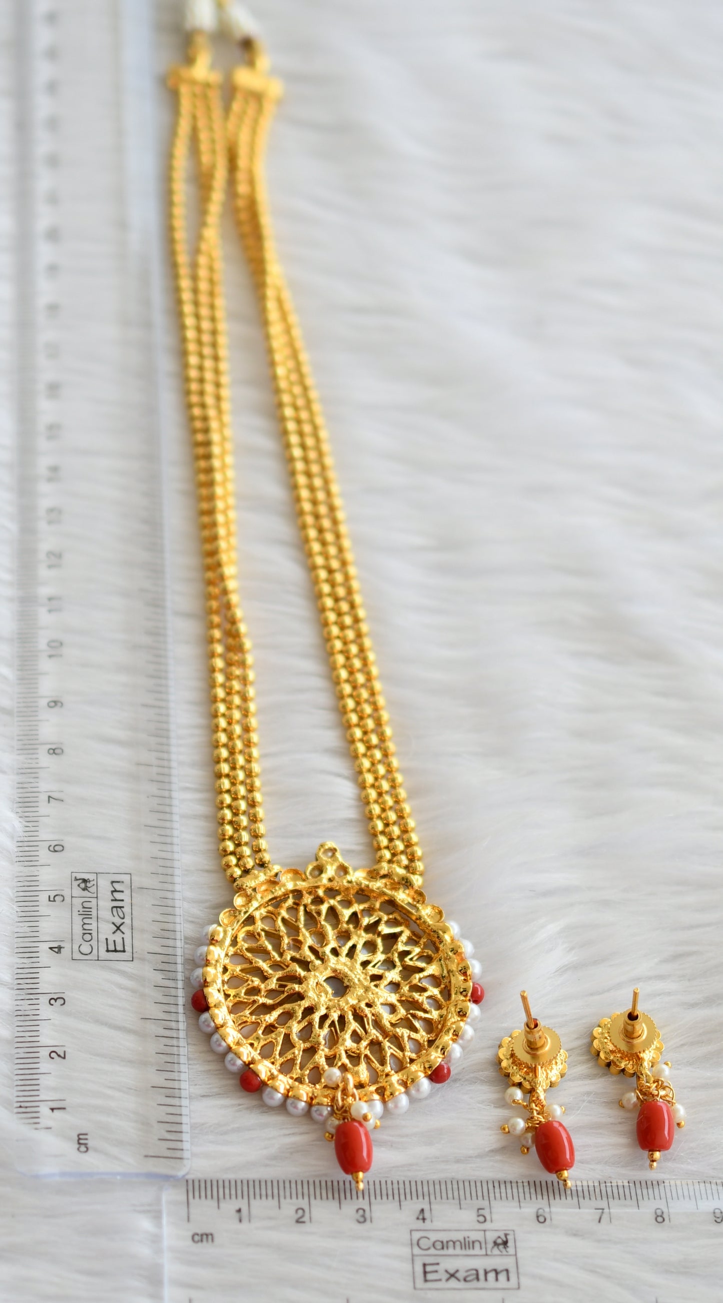 Antique gold tone coral-pearl round flower haar set dj-44459