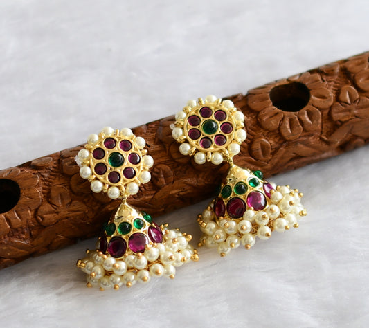 Gold tone precious kemp-green pearl jhumkka dj-46272