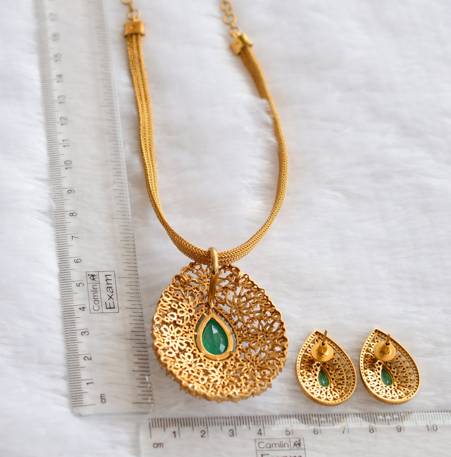 Matte finish cz sea green-white thilak necklace set dj-46262