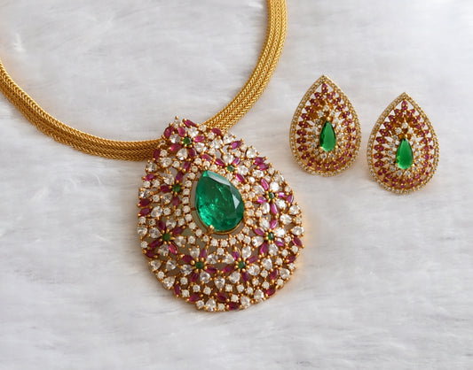 Matte finish cz ruby-green-white thilak necklace set dj-46264