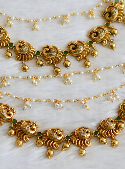 Antique gold tone cz-green pearl peacock ear side chain dj-49802