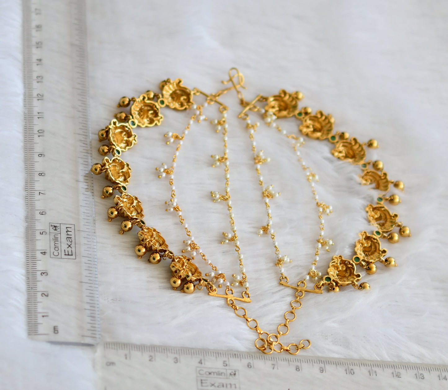 Antique gold tone cz-green pearl peacock ear side chain dj-49802