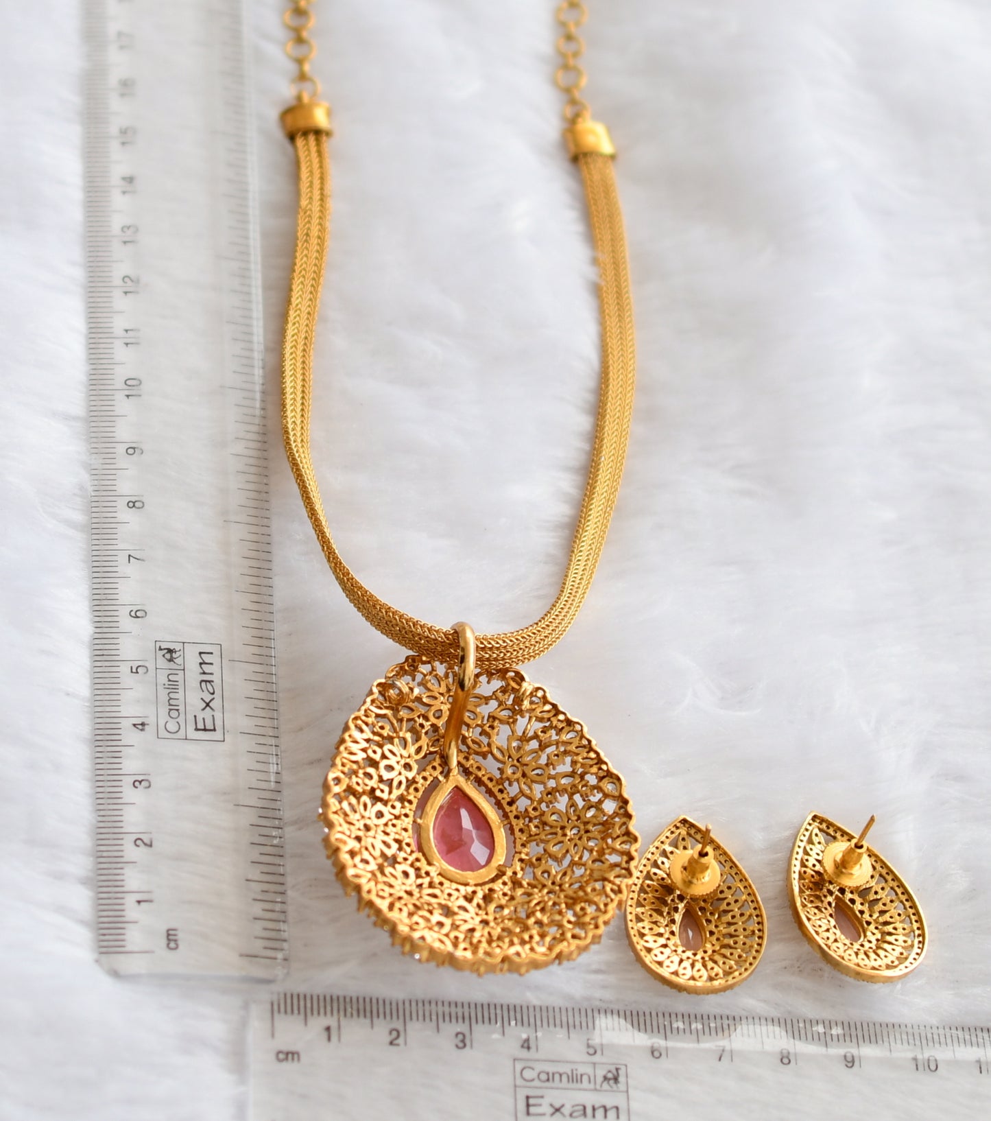 Matte finish cz baby pink-white thilak necklace set dj-46263