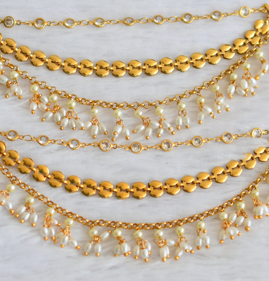 Antique gold tone white stone rice pearl multi layer ear side chain dj-49801