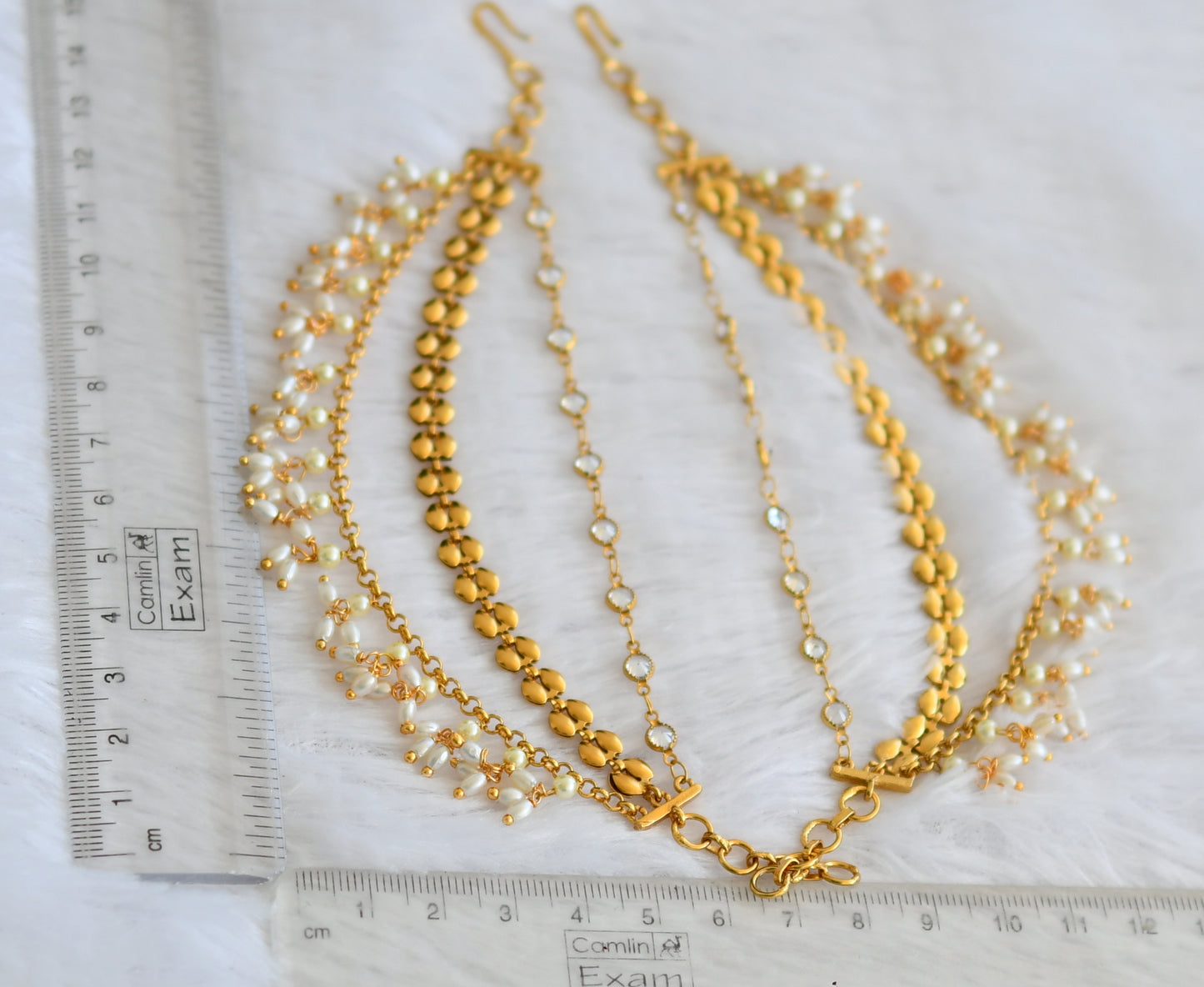Antique gold tone white stone rice pearl multi layer ear side chain dj-49801