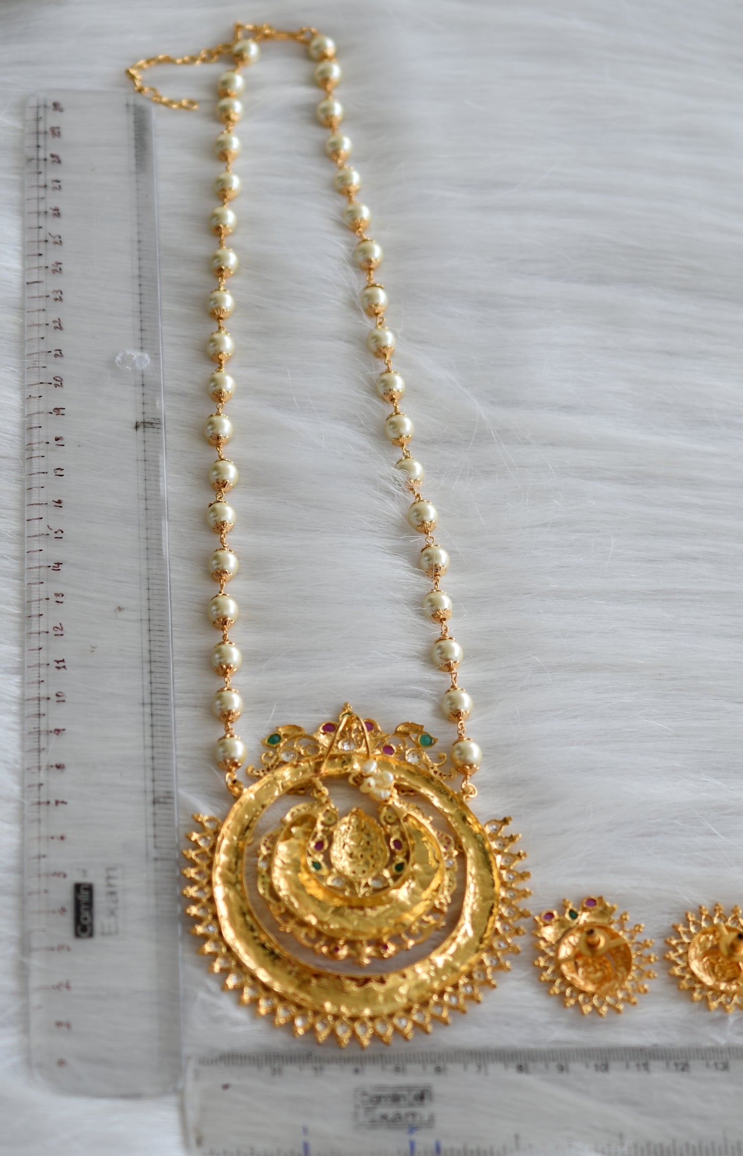 Gold look alike Ruby-green Big Lakshmi beaded haar set dj-42993