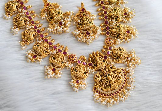 Antique gold tone kemp-green Lakshmi peacock gutta pusalu haar set dj-44482