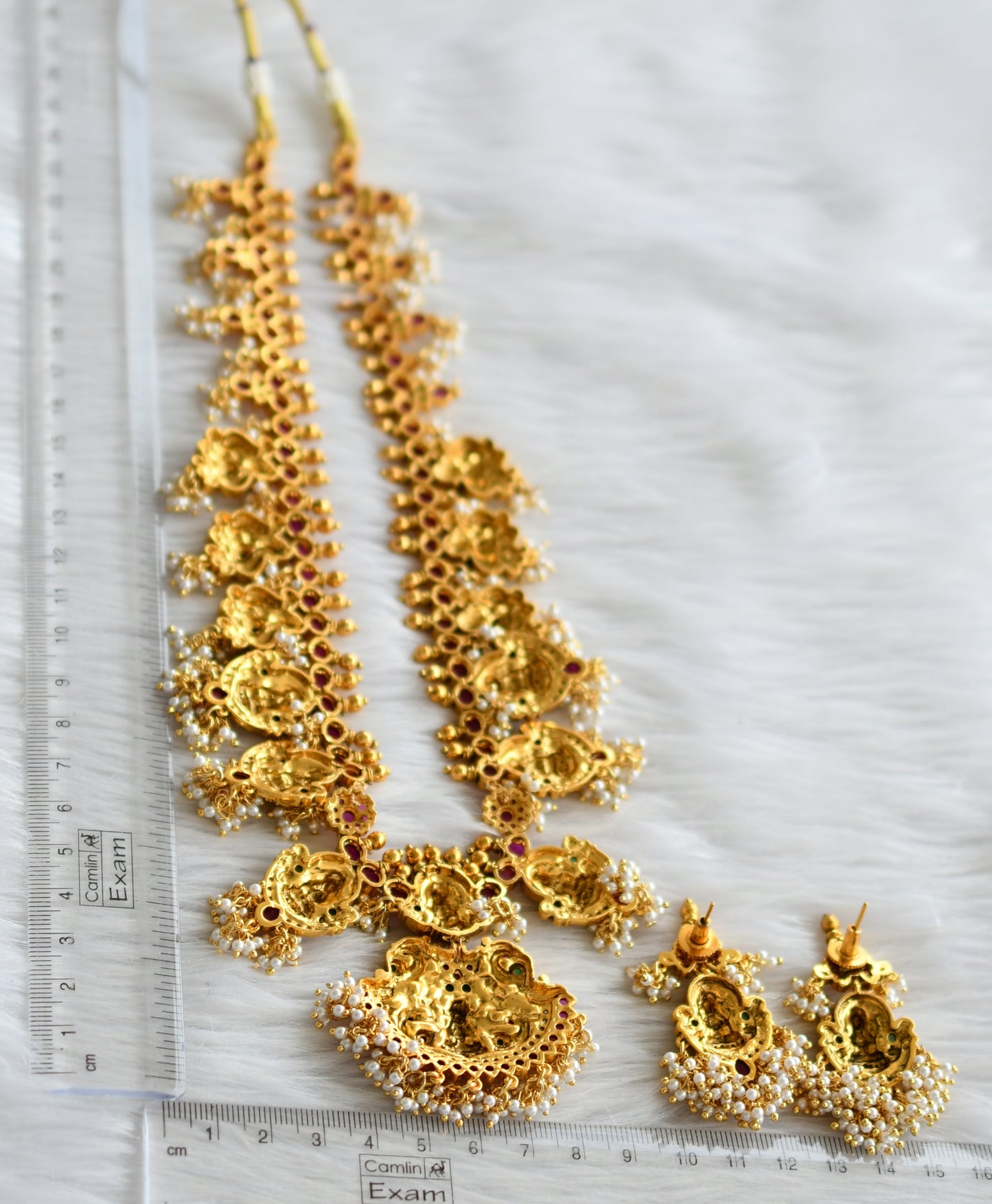 Antique gold tone kemp-green Lakshmi peacock gutta pusalu haar set dj-44482