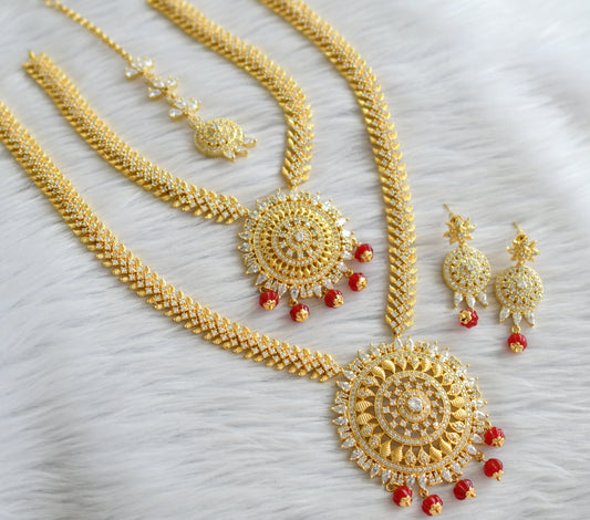 Gold tone cz white stone red pumpkin beaded bridal set dj-44483