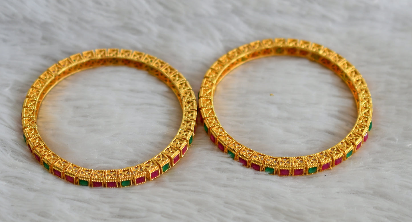 Gold tone ruby-green block stone bangles(2.4) dj-47881