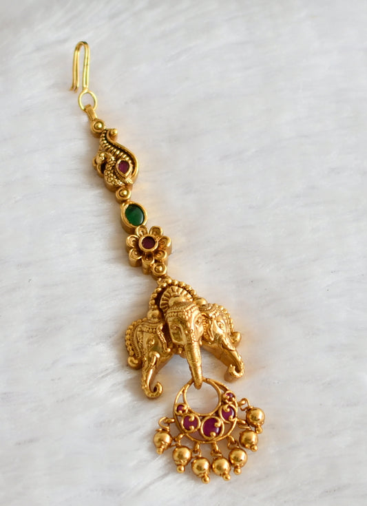 Antique gold tone kemp-green ganesha peacock tikka dj-49820
