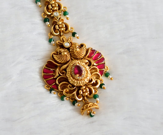 Antique gold tone cz ruby green bead pink kundan jadau peacock tikka dj-49833