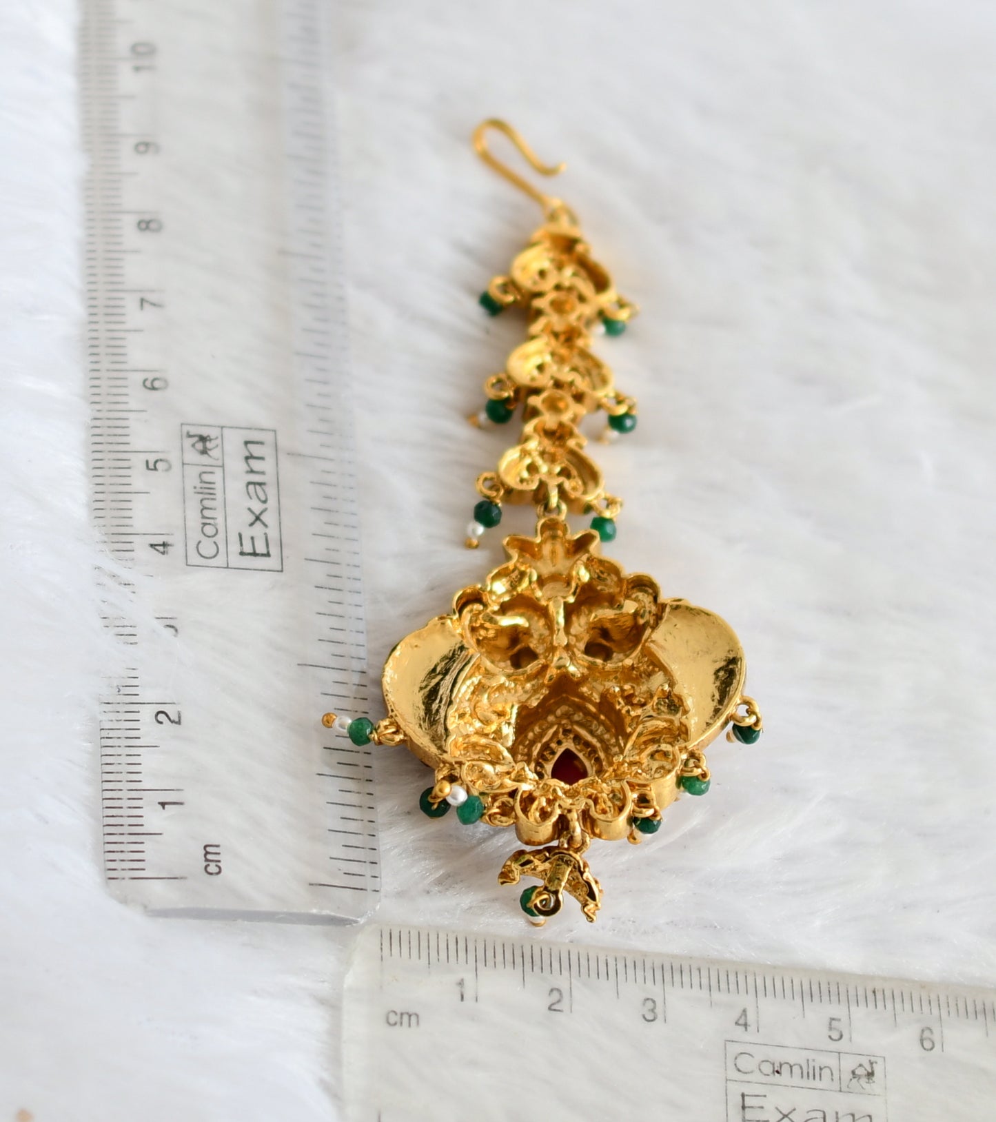 Antique gold tone cz ruby green bead pink kundan jadau peacock tikka dj-49833