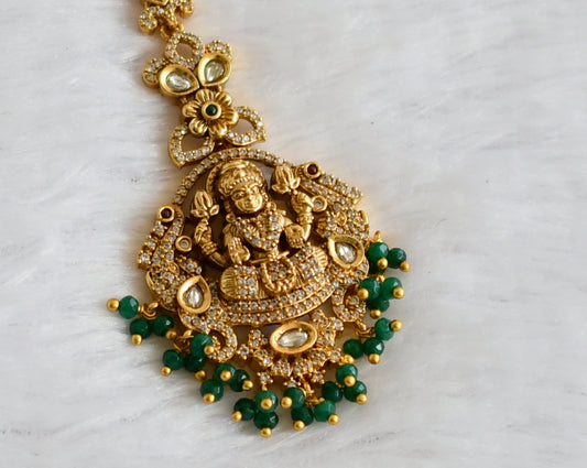 Antique gold tone cz-white green cluster lakshmi elephant tikka dj-49828