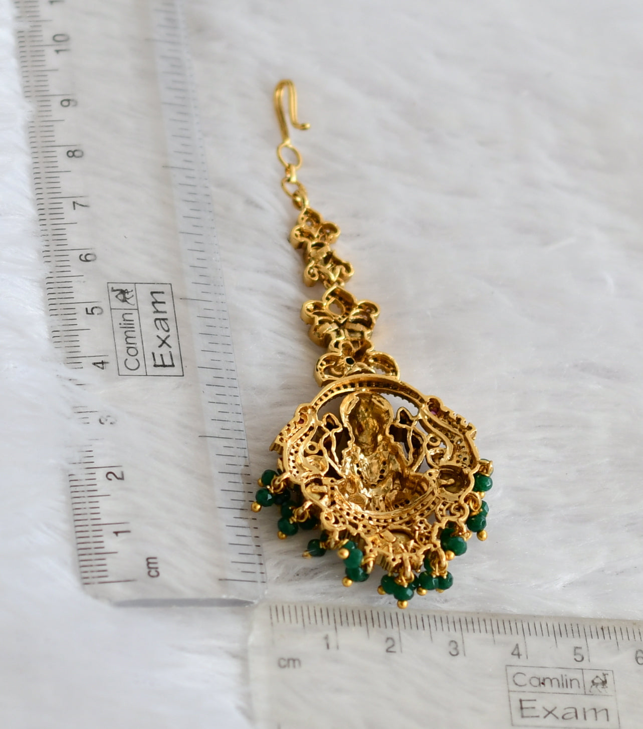 Antique gold tone cz-white green cluster lakshmi elephant tikka dj-49828