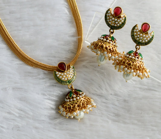 Antique gold tone Pink-green Pearl Jhumkka necklace Set DJ23178
