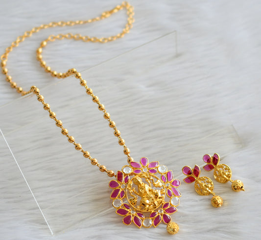 Gold tone ball chain with uncut ruby polki gajalakshmi pendant set dj-44488
