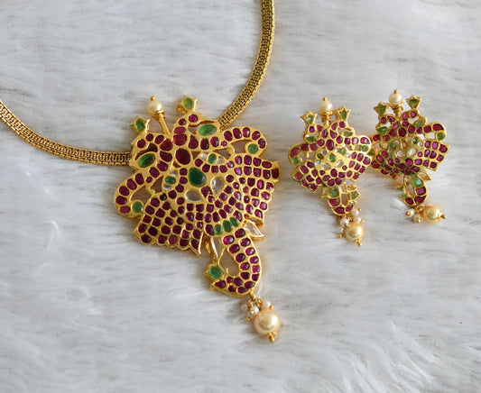 Gold Tone Uncut Polki Pink-green Peacock Ganesha Pearl Necklace Set DJ29869