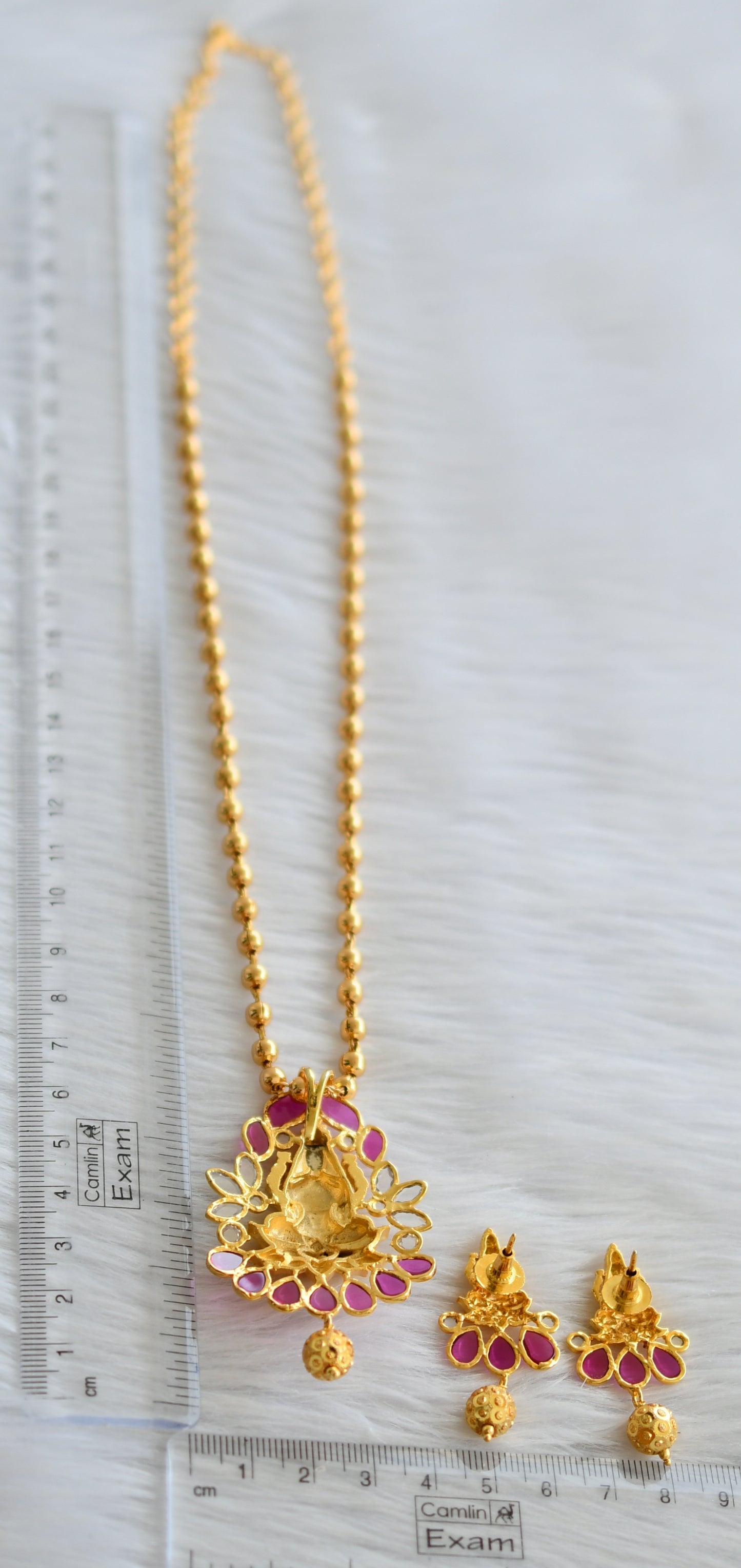 Gold tone ball chain with uncut ruby polki lakshmi pendant set dj-44487