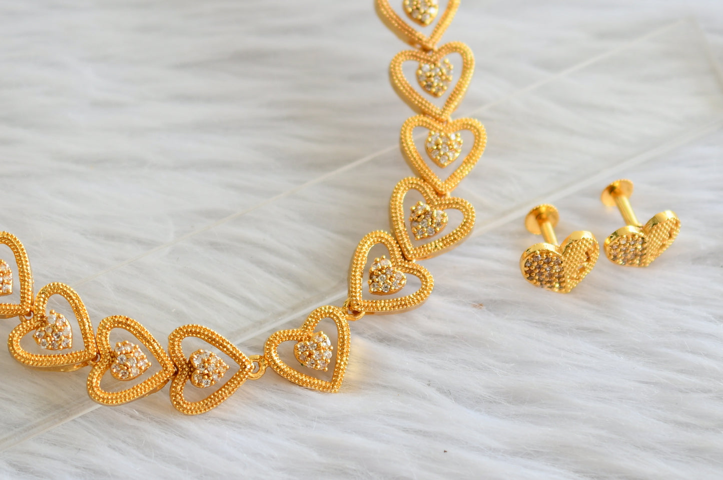 Gold tone cz white stone heart necklace set dj-44514