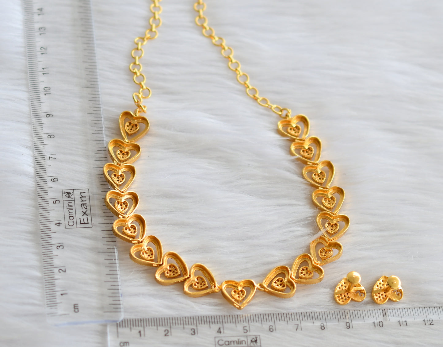 Gold tone cz white stone heart necklace set dj-44514