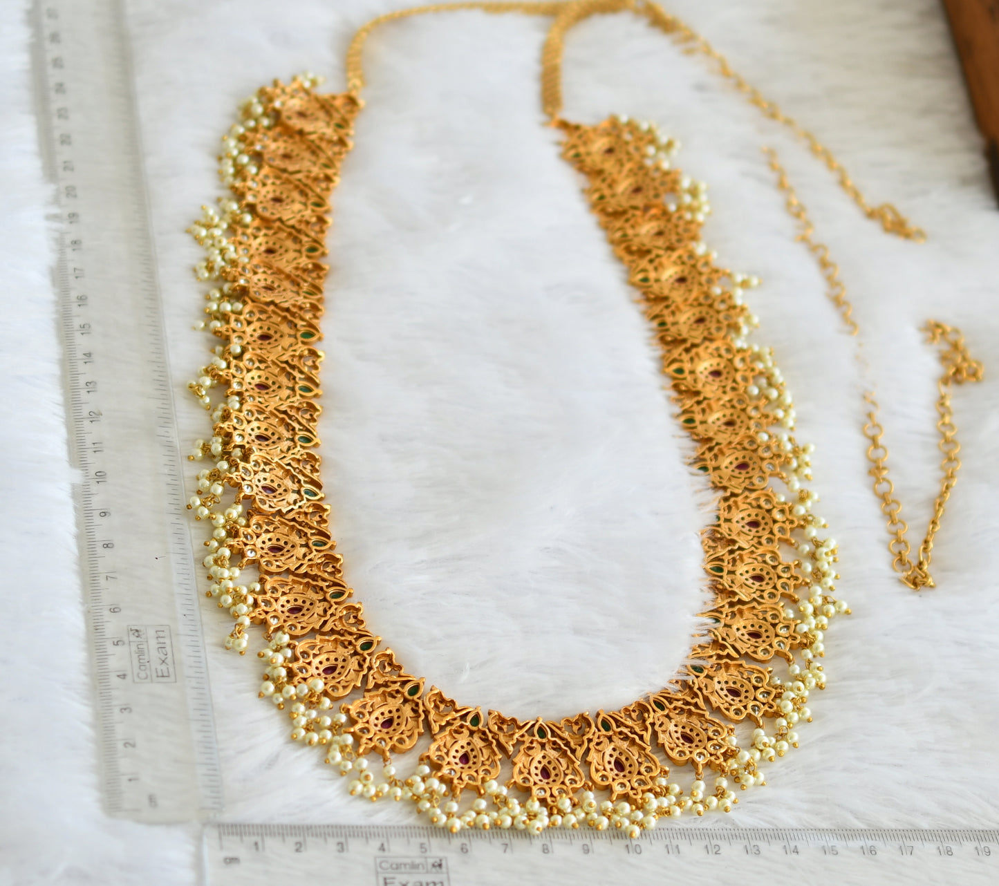 Matte finish cz-ruby-green peacock gutta pusalu hip/waist chain dj-49845