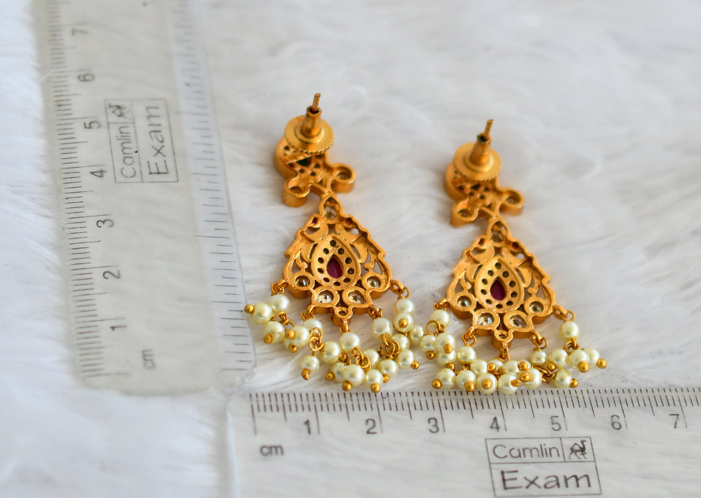 Matte finish cz ruby-green pearl peacock earrings dj-49850