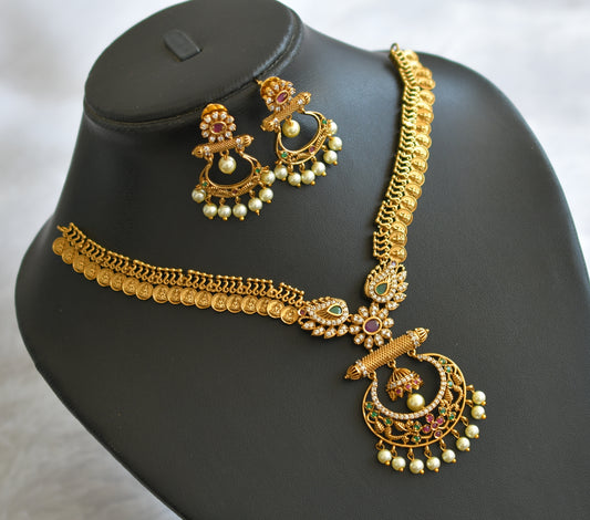 Matte finish ruby-green-white flower small lakshmi coin necklace set dj-46330