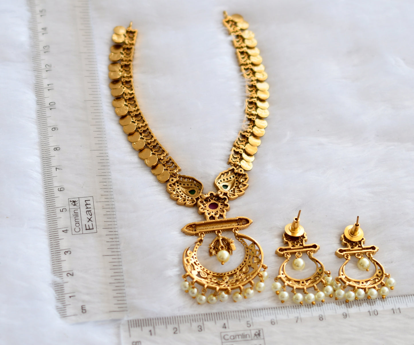 Matte finish ruby-green-white flower small lakshmi coin necklace set dj-46330