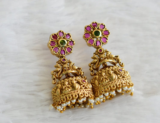 Antique gold tone kemp-green flower lakshmi peacock jhumkka dj-49859