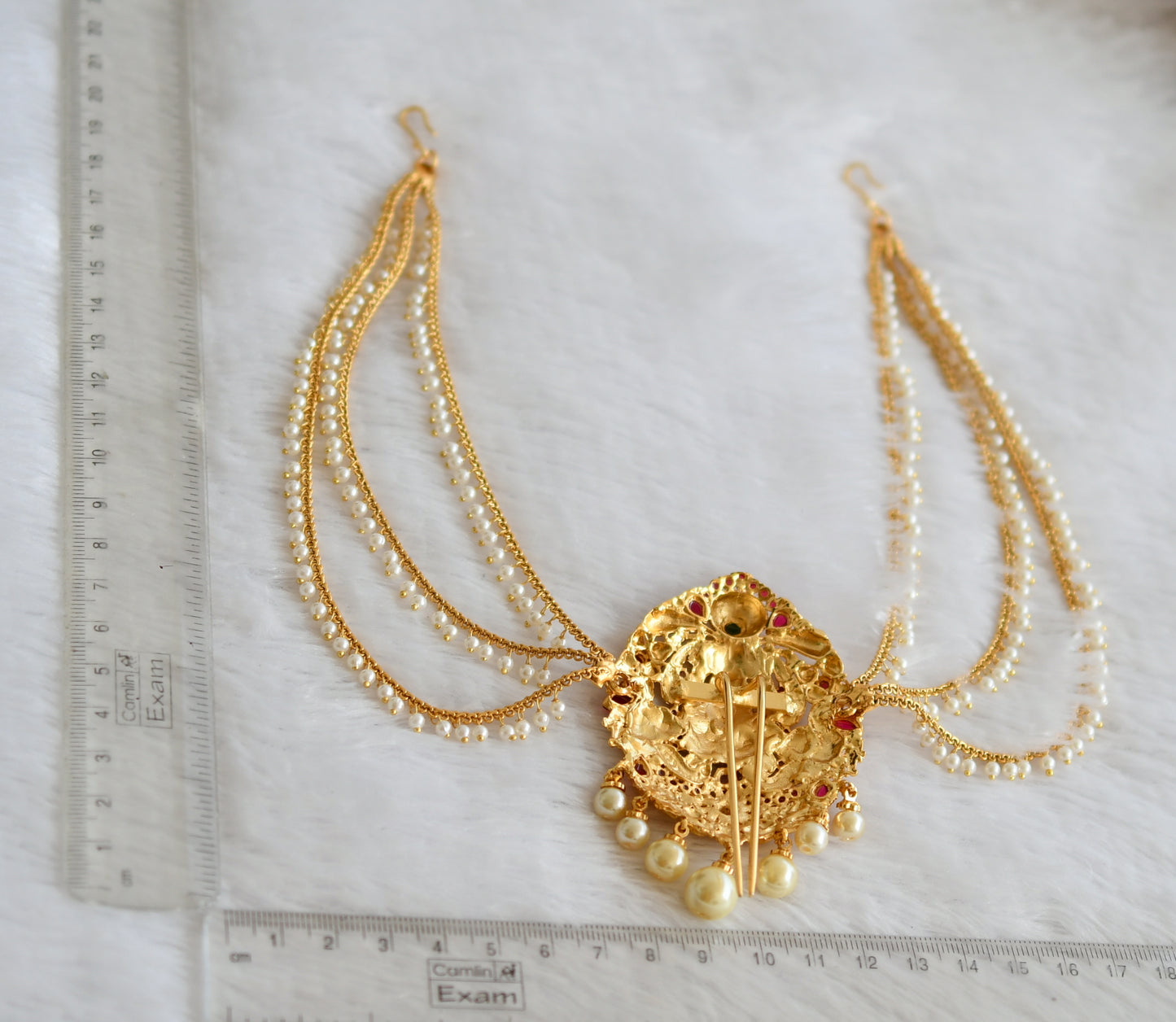 Gold tone kemp-green-pearl lakshmi peacock flower hair jewel dj-49839
