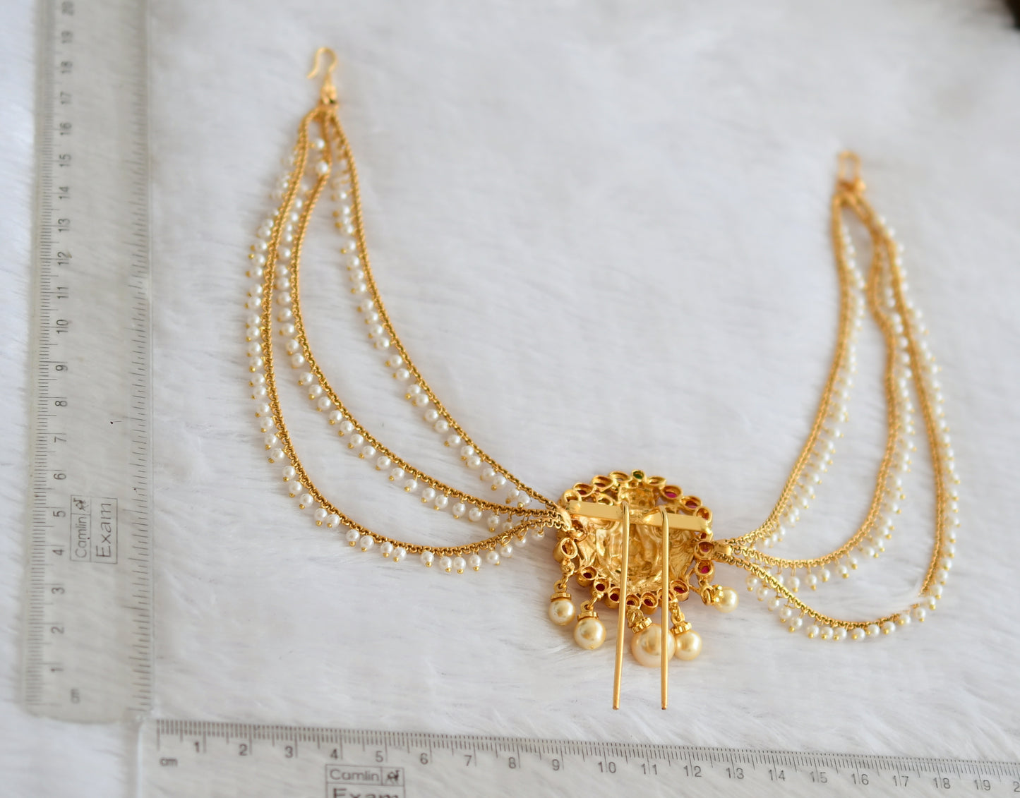 Gold tone kemp-green pearl lakshmi peacock hair jewel dj-49837