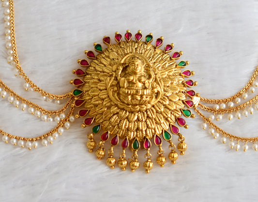 Antique gold tone kemp-green-pearl lakshmi hair jewel dj-49841