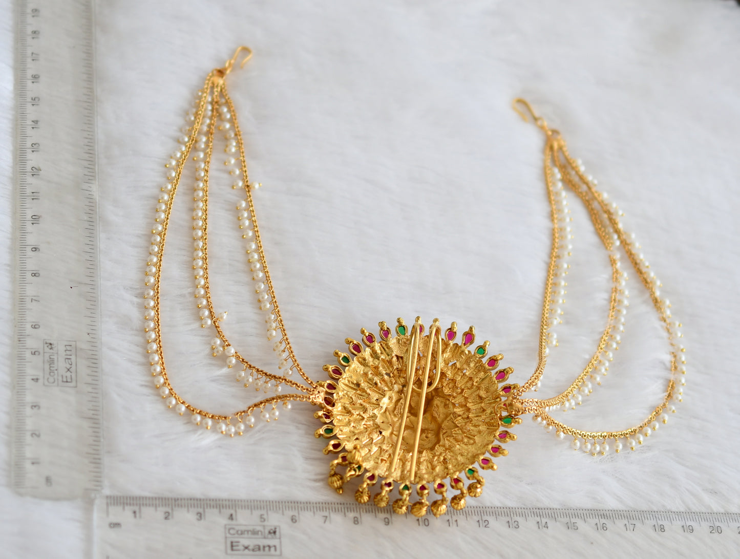 Antique gold tone kemp-green-pearl lakshmi hair jewel dj-49841