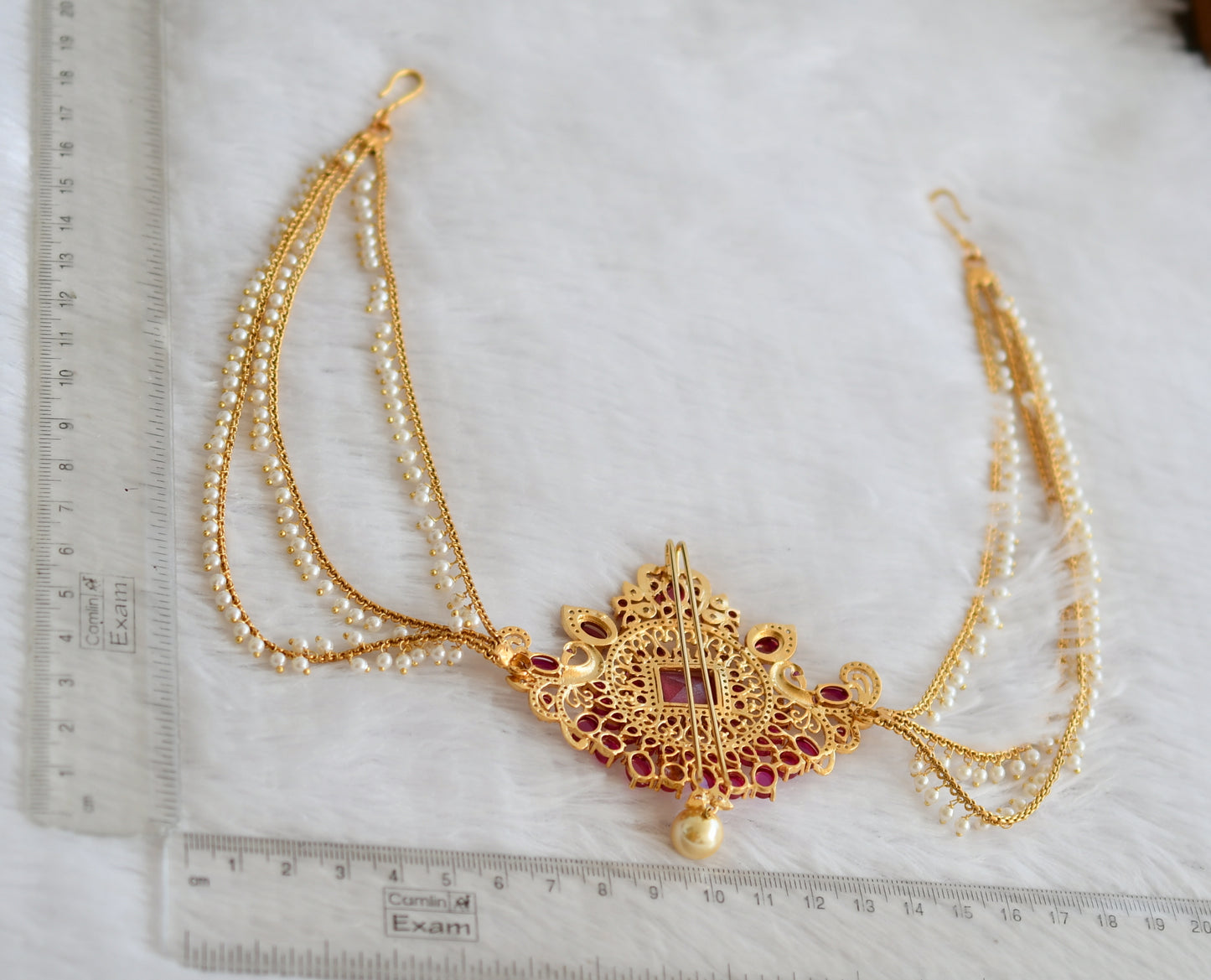 Gold tone real kemp-white-pearl peacock hair jewel dj-49840