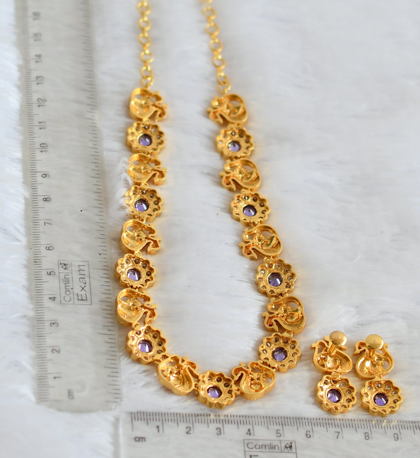 Gold tone cz-purple stone peacock flower necklace set dj-49866